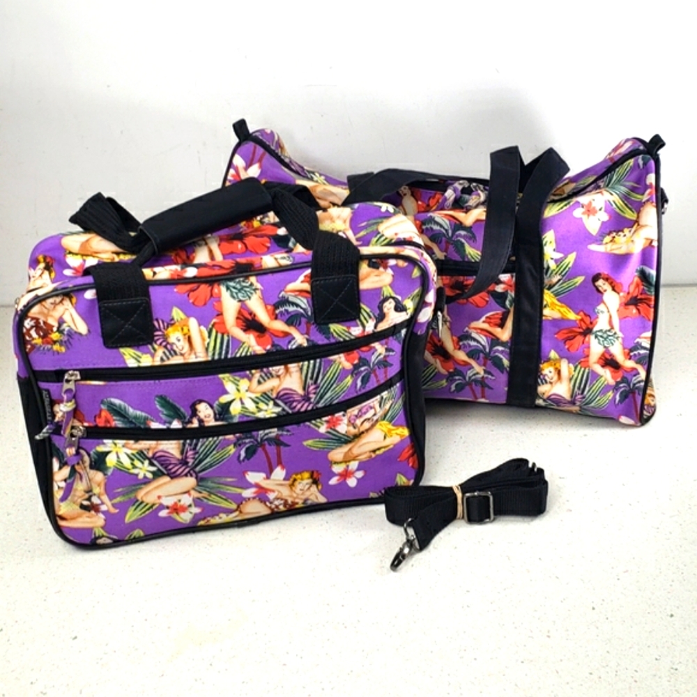 AlfaGear Duffel Bag & Tablet Hawaiian Flower Pin up Gals Travel Gym Tote Bag Set